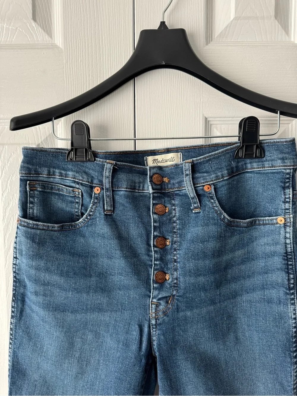 Madewell High Rise Distressed Denim Skinny Jeans Button Fly 30 Fringe